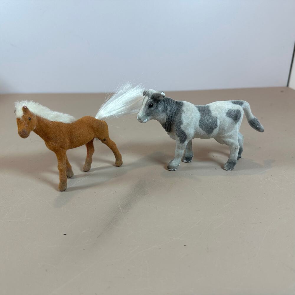 Lot of 2 Flocked Animals Horse Cow Toys Figures Farm Vintage ~4"